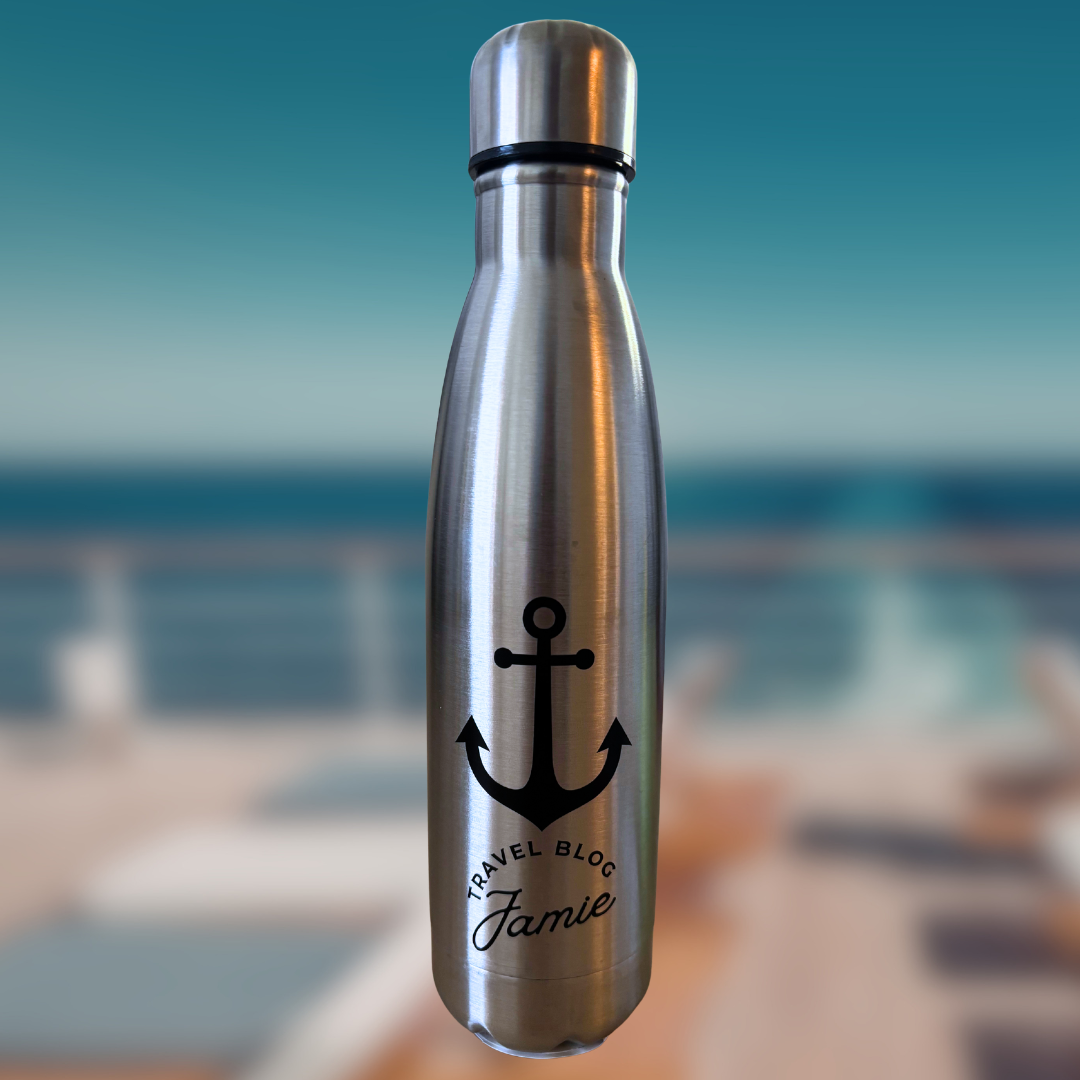 Thermal Bottle - Silver with Black Anchor Artwork - Travel Blog Jamie