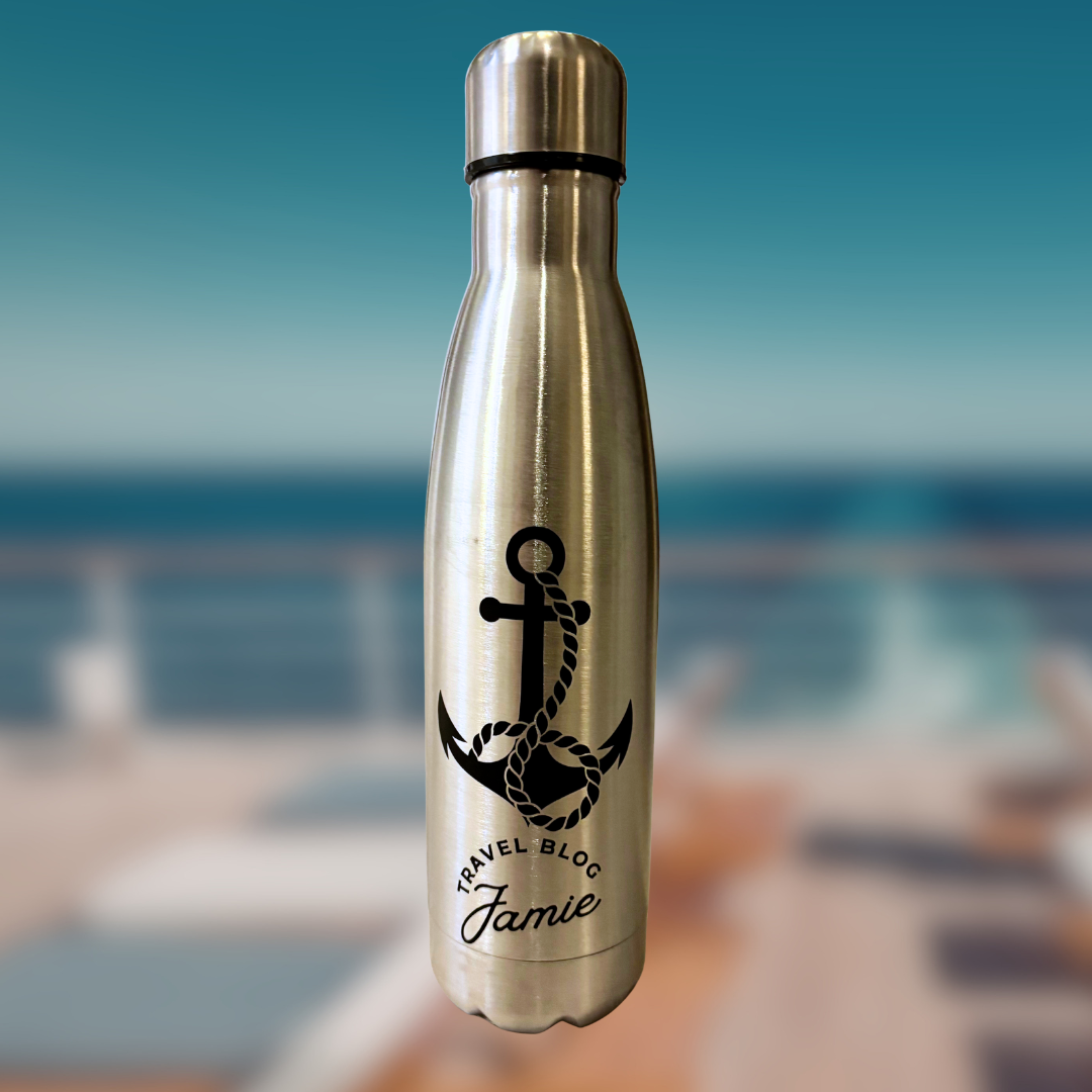 Thermal Bottle -  Silver with Black Artwork - Travel Blog Jamie