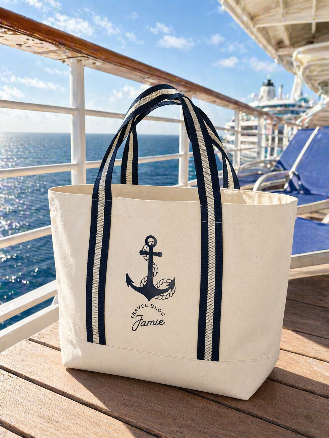 Beige tote bag with anchor design and text on a cruise ship deck.