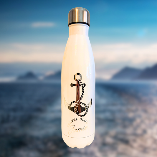 Thermal Bottle - White with Silver Anchor Motif - Travel Blog Jamie