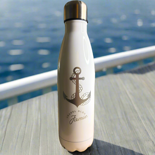 Thermal Bottle - White with Silver Anchor Motif - Travel Blog Jamie